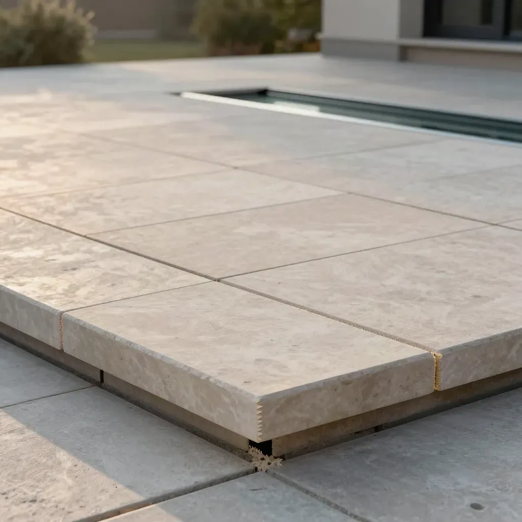 Terrasse en grandes dalles beige pierre, joints nets au seuil vitré et angle de mur.