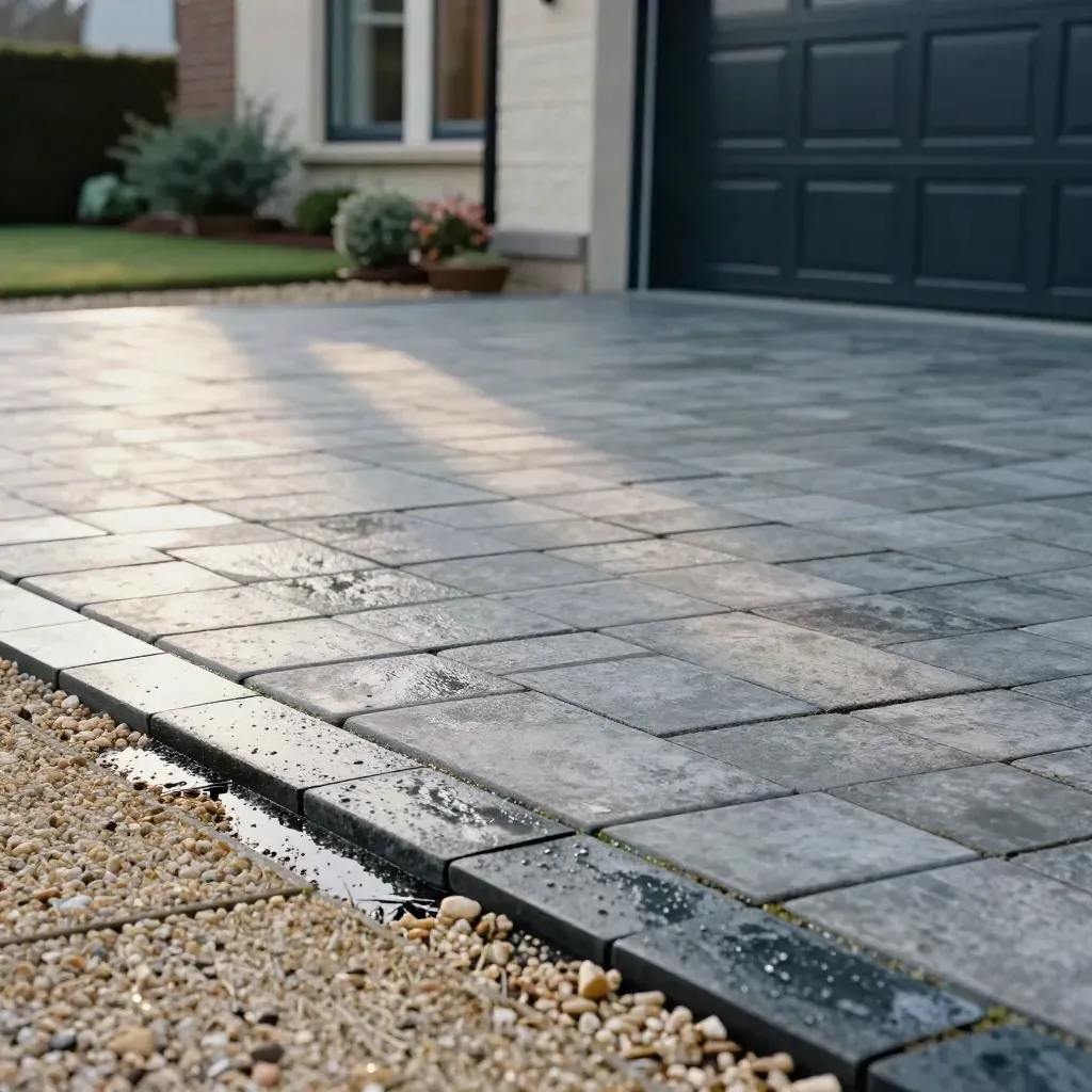 Allée carrossable en pavés gris clair après la pluie, vue basse vers une entrée de garage.