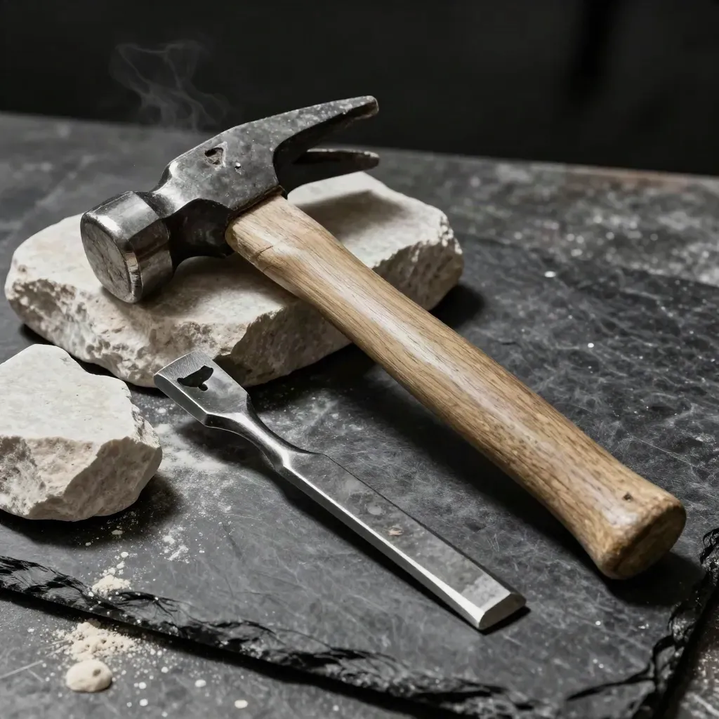 Marteau de maçon, burin et lame à joints sur un plan de travail en pierre sombre, lumière dramatique
