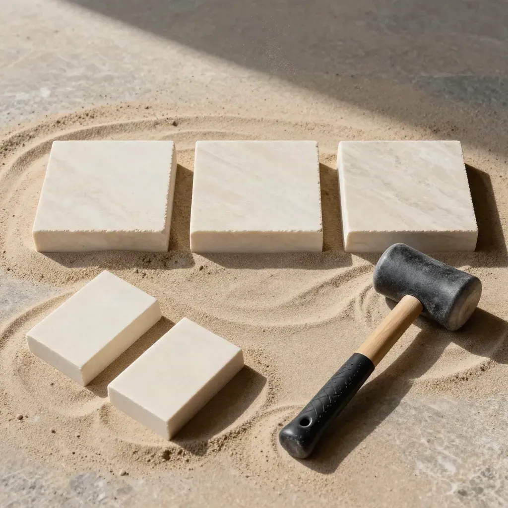Trois dalles carrées, des cales de pose et un maillet sur un lit de sable