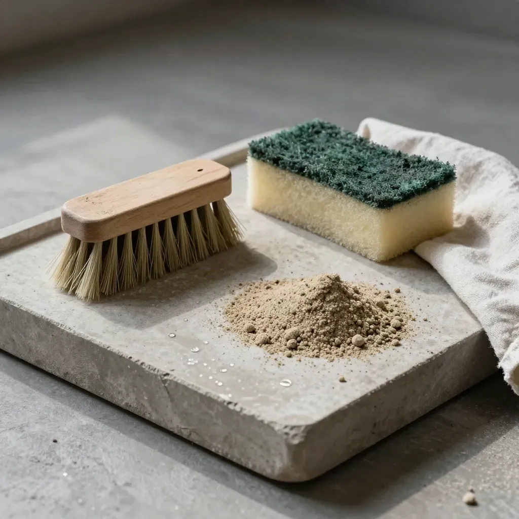 Kit de finition de dallage sur plateau en pierre, avec brosse, éponge et sable de jointoiement.