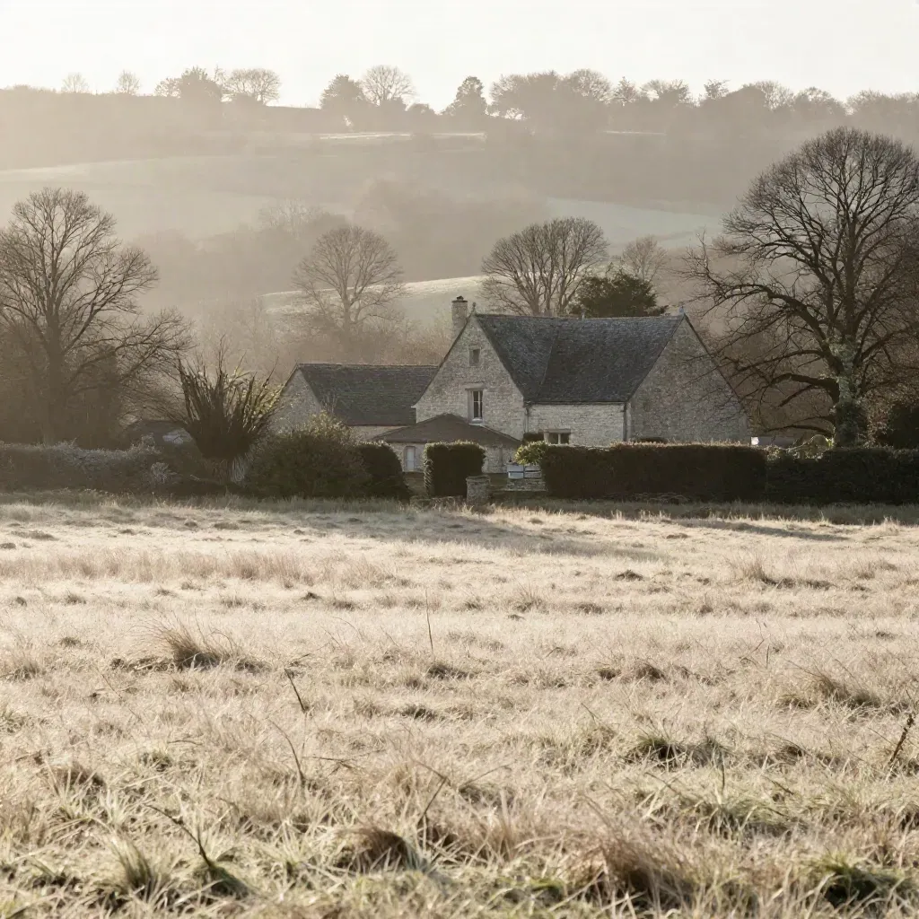 Vallée boisée de l’Essonne au matin, grande pelouse claire et maison de pierre dans la brume.
