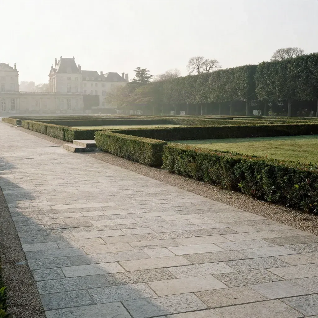 Allée en pierre claire des Yvelines, haies taillées et château lointain dans une brume douce